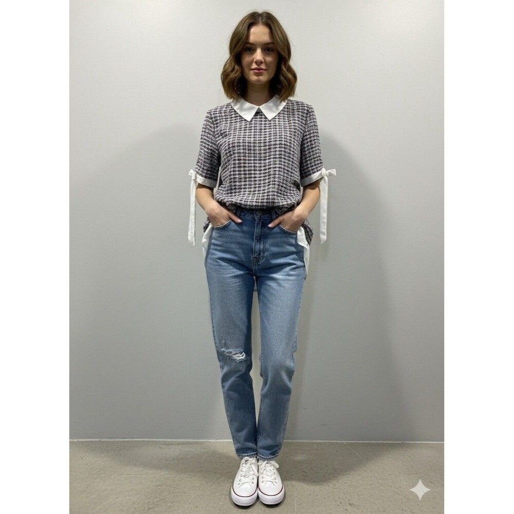 Misia L Tweed Blouse Layered Look Top White Collar Contrast Hem Short Sleeve